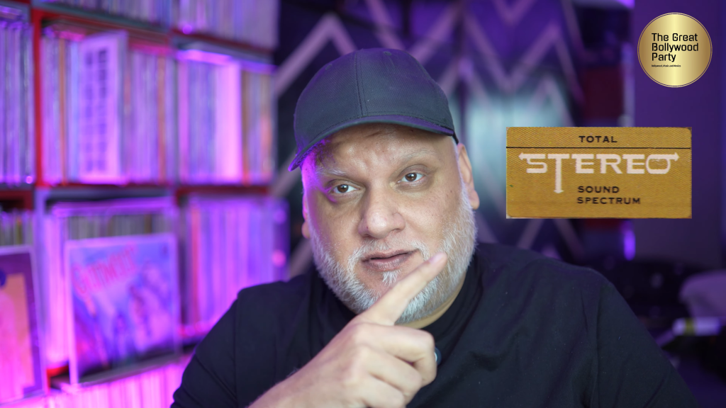 Close-up of HMV Total Stereo sticker on Bollywood LP